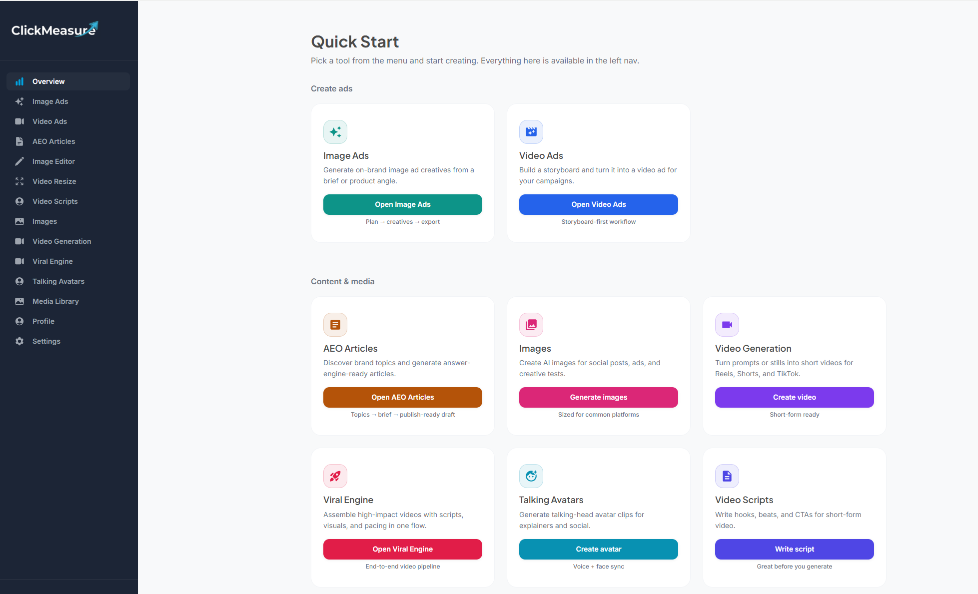 ClickMeasure dashboard and studio overview